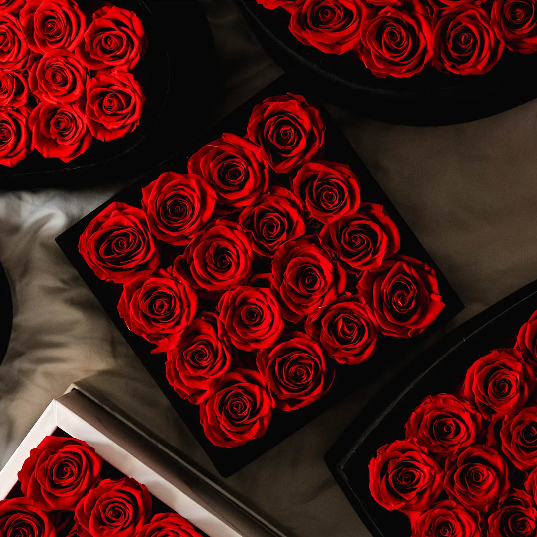 12 Red Roses Black Velvet Eternity Bouquet Gift Box