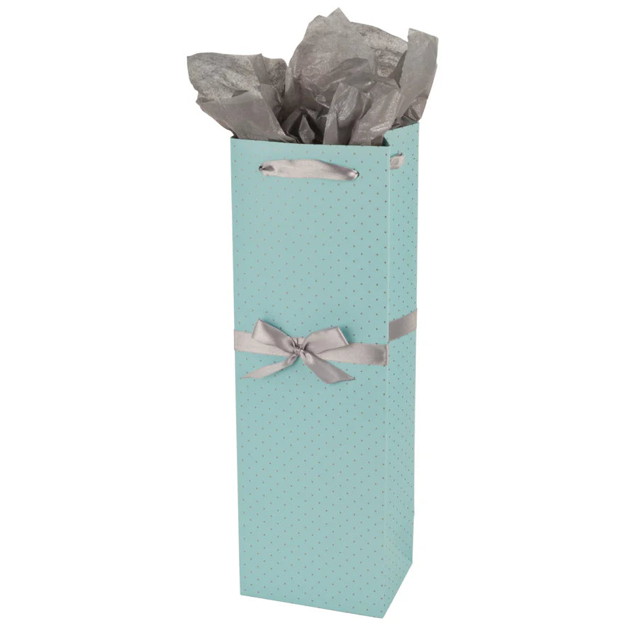 Ribbon Dot Single Bottle Wine Bag in Blue & Silver -engraveVine